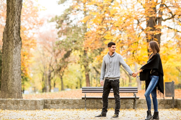 Pareja amorosa en el parque de otoño