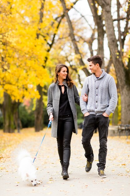 Foto pareja amorosa en el parque de otoño