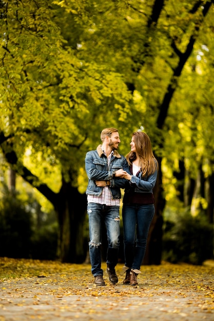 Pareja amorosa en el parque de otoño