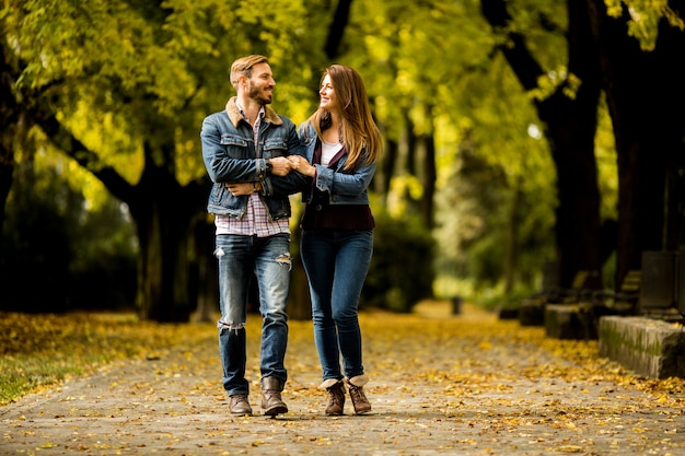 Pareja amorosa en el parque de otoño