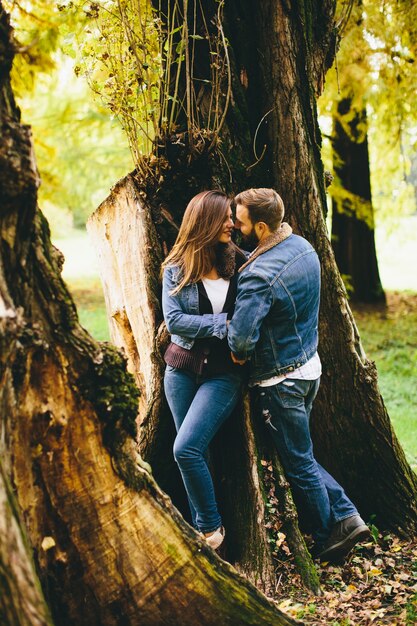 Pareja amorosa en el parque de otoño