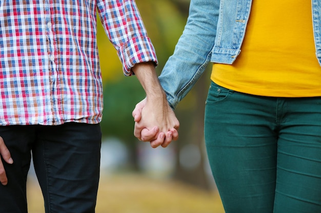 Pareja amorosa tomados de la mano al aire libre