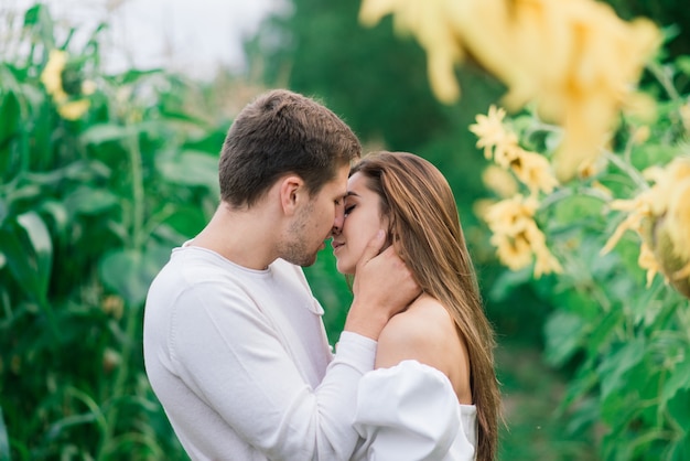 Pareja amorosa en vestidos blancos besándose, sonriendo, hughing en un campo de girasoles