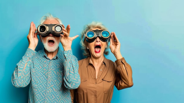 pareja de anciana mujer y hombre emocionalmente alegre sorprendido con gafas de sol de realidad virtual
