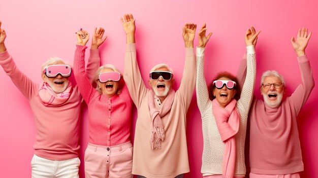 pareja de anciana mujer y hombre emocionalmente alegre sorprendido con gafas de sol de realidad virtual