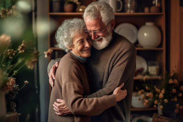 Una pareja de ancianos se abraza en una casa acogedora.