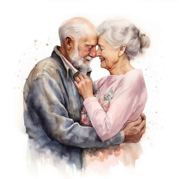 Una pareja de ancianos abraza a personas de edad retrato de una pareja casada Ilustración en acuarela
