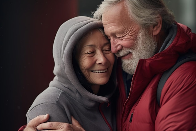 Una pareja de ancianos se abraza y se sonríe