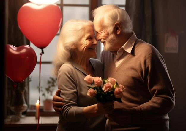 Una pareja de ancianos abrazándose feliz día de San Valentín amor adulto