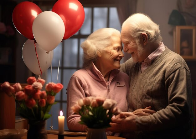 Una pareja de ancianos abrazándose feliz día de San Valentín amor adulto