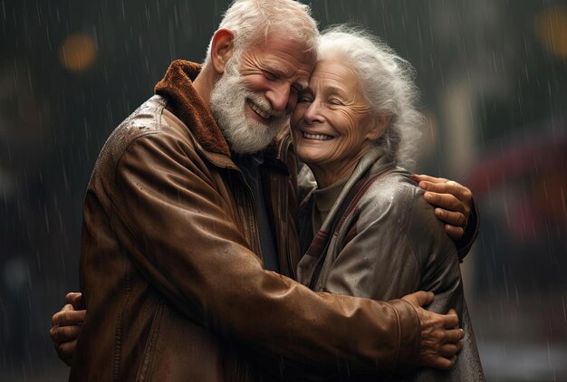 una pareja de ancianos abrazándose bajo la lluvia al estilo del realismo del valle inquietante