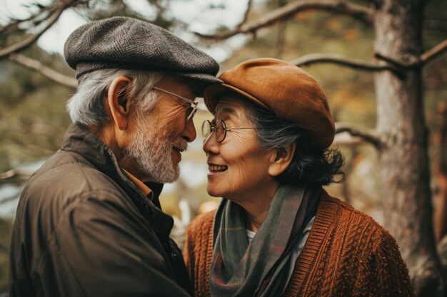 Una pareja de ancianos abrazándose y mirándose