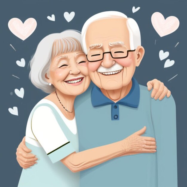 una pareja de ancianos abrazándose y sonriendo con corazones detrás de ellos