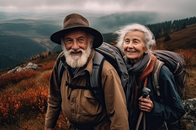 Foto una pareja de ancianos activa y feliz haciendo mochileros en las montañas el concepto de una vejez satisfactoria llena de aventura y alegría ia generativa