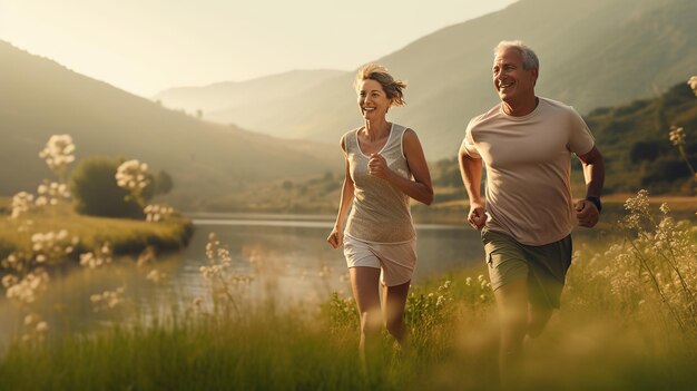 Una pareja de ancianos activa y sana corriendo en un entorno natural en una mañana de verano imagen de ejercicio por la mañana