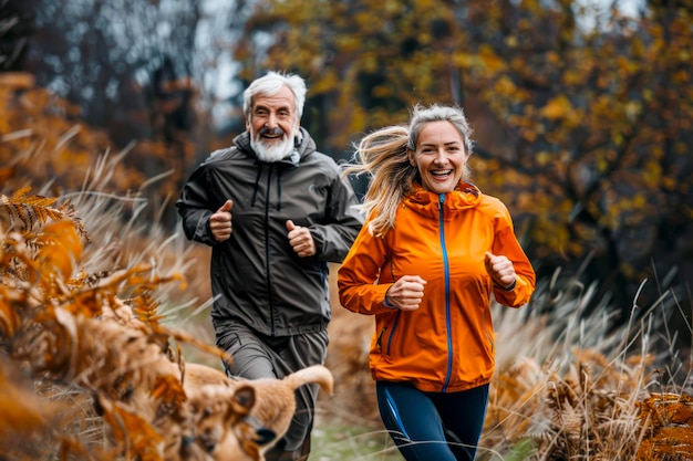 Una pareja de ancianos activos que abrazan un estilo de vida saludable sonriendo juntos mientras corren al aire libre en la naturaleza para una jubilación en forma y feliz