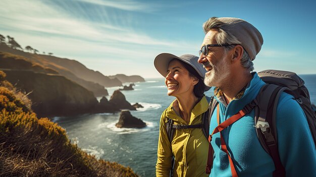Una pareja de ancianos admirando la pintoresca costa del Pacífico mientras hacen una caminata Imagen de una pareja de adultos mayores con una hermosa vista Copiar espacio para el texto