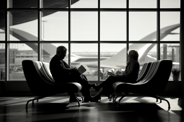 Una pareja de ancianos en el aeropuerto sentados en un banco, un anciano y una mujer esperando en el aeroporto.