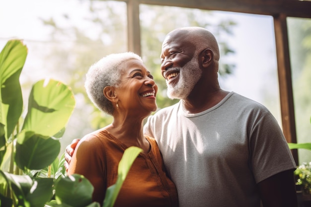 Una pareja de ancianos afroamericanos se abrazan en casa con un fondo de casa minimalista moderno