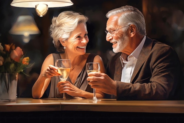 Una pareja de ancianos alegre y activa que parece feliz sentada en un restaurante, una cafetería, un bar bebiendo cócteles. Personas mayores románticas que aman el pasatiempo, un buen estilo de vida, un buen concepto de relación familiar.
