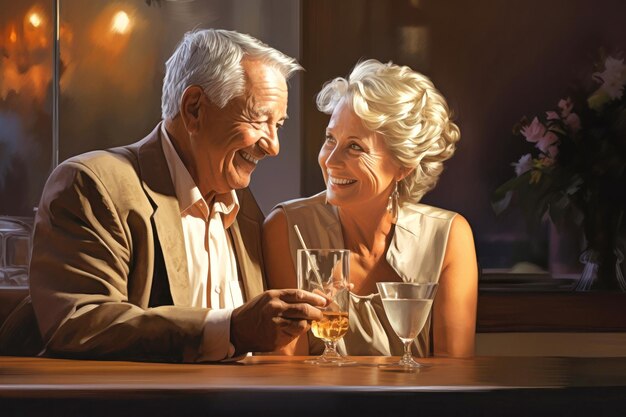 Foto una pareja de ancianos alegres y activos que parecen felices sentados en un restaurante, una cafetería, un bar bebiendo cócteles, ancianos románticos que aman el pasatiempo, un buen estilo de vida, un buen concepto de relación familiar.