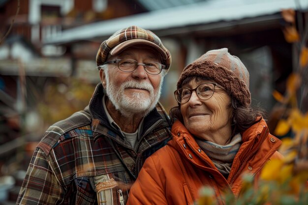 Una pareja de ancianos alegres que abrazan la jubilación Un estilo de vida activo y feliz en la naturaleza