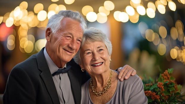 Una pareja de ancianos alegres sonriendo y abrazándose