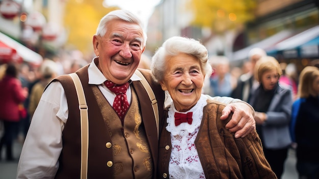 Una pareja de ancianos alemanes con ropa tradicional en el desfile del Oktoberfest en Alemania