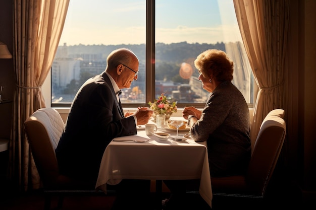 Una pareja de ancianos de amor haciendo sonar las copas en una cena romántica en la noche en casa Contenido de IA generativa