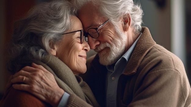 Una pareja de ancianos con anteojos abrazados durante un momento tenso La IA generativa