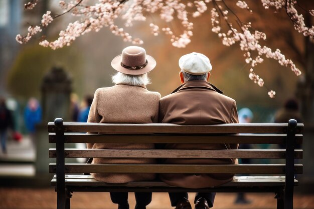 Una pareja de ancianos de apariencia oriental asiáticos un hombre y una mujer un banco en el parque disfrutar de la vida cita ancianos asiáticos ancianos relaciones en la vejez amor y romance