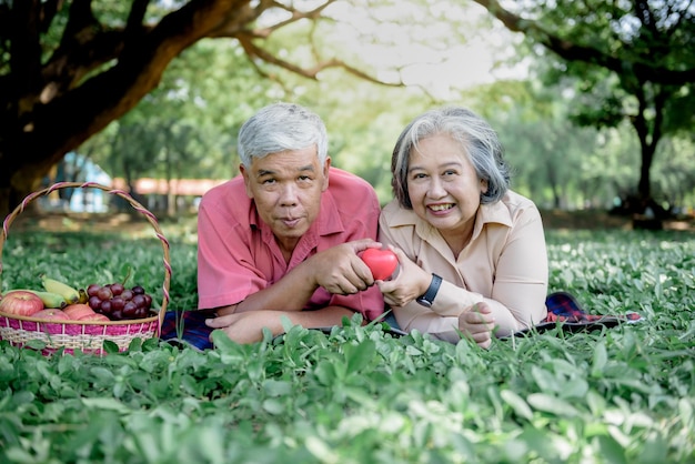 Pareja de ancianos asiáticos acostados y relajados en el césped verde en el jardín sonríen y son felices juntos