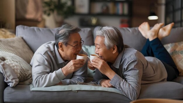 Una pareja de ancianos asiáticos bebiendo café caliente y hablando juntos en la sala de estar en casa.