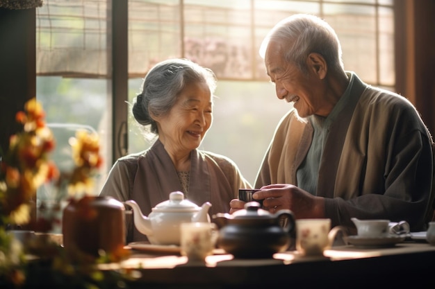 pareja de ancianos asiáticos ceremonia del té por la mañana a la luz del sol