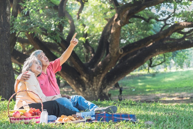 Una pareja de ancianos asiáticos hace un picnic y se relaja en el césped verde del jardín sonríen y son felices juntos