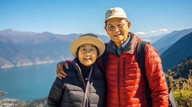 Pareja de ancianos asiáticos con mochilas en medio de montañas y con vistas al mar sereno Ai generativo