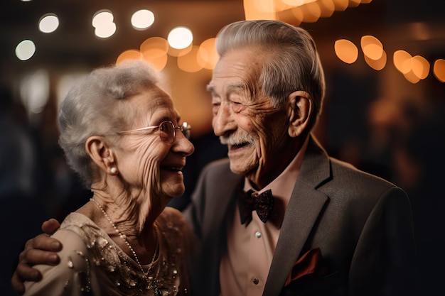 Pareja de ancianos asiáticos en trajes festivos y vestidos bailando juntos en una fiesta generativa ai