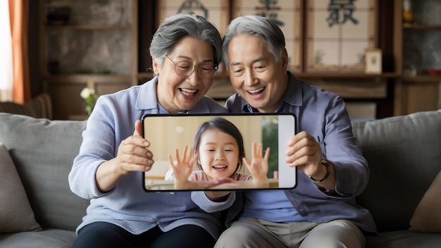 Una pareja de ancianos asiáticos usando una videoconferencia de teléfono inteligente con su nieto mientras yacen en el sofá en Livin
