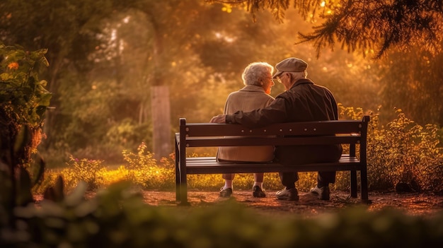 Pareja de ancianos en el banco en un fondo borroso en el parque