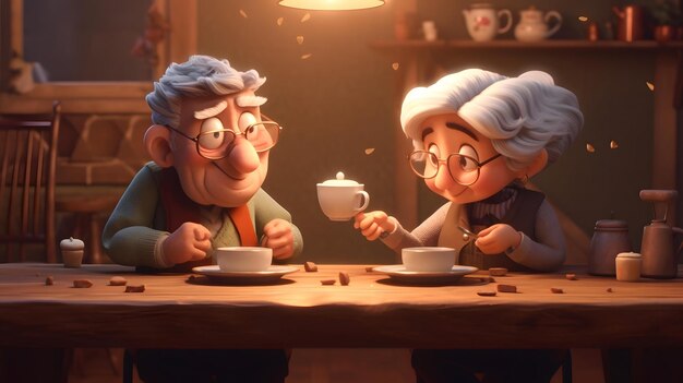 Una pareja de ancianos bebiendo café en casa por la noche Concepto de amor y familia