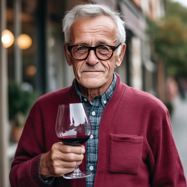 Pareja de ancianos bebiendo vino tinto en la ciudad divirtiéndose IA generativa