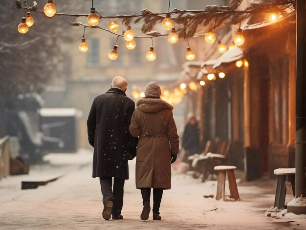 Una pareja de ancianos camina de la mano por una calle nevada.