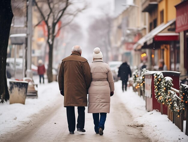 Una pareja de ancianos camina de la mano por una calle nevada.