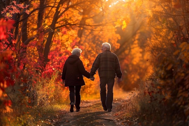 Una pareja de ancianos caminando en el bosque de otoño en un día soleado