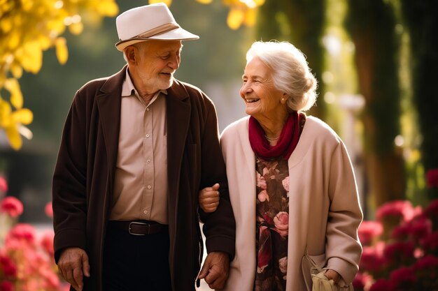 Una pareja de ancianos caminando por la calle juntos tomados de la mano y sonriendo AI generativa