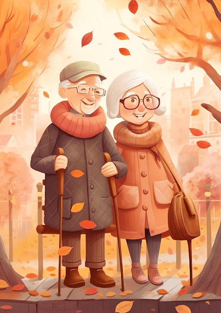 Una pareja de ancianos caminando en la ilustración del parque