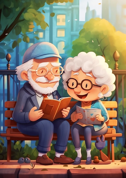 Una pareja de ancianos caminando en la ilustración del parque