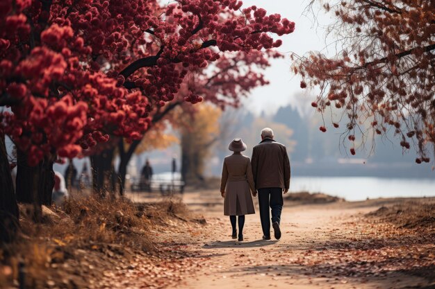 Una pareja de ancianos caminando de la mano con IA generativa