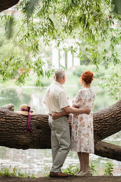 Pareja de ancianos caminando en el parque, amantes, amor fuera del tiempo, paseos de verano