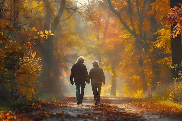 Una pareja de ancianos caminando en el parque de otoño Una gente mayor caminando en la plaza de otoño